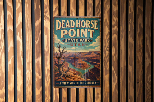 A vintage metal sign for Dead Horse Point State Park in Utah, featuring a scenic illustration of the Grand Canyon.