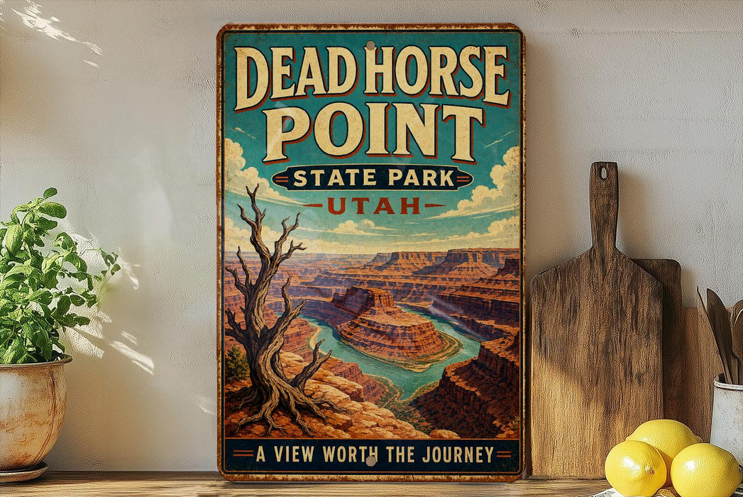 A vintage-style metal sign for Dead Horse Point State Park in Utah, featuring a scenic illustration of the Grand Canyon.