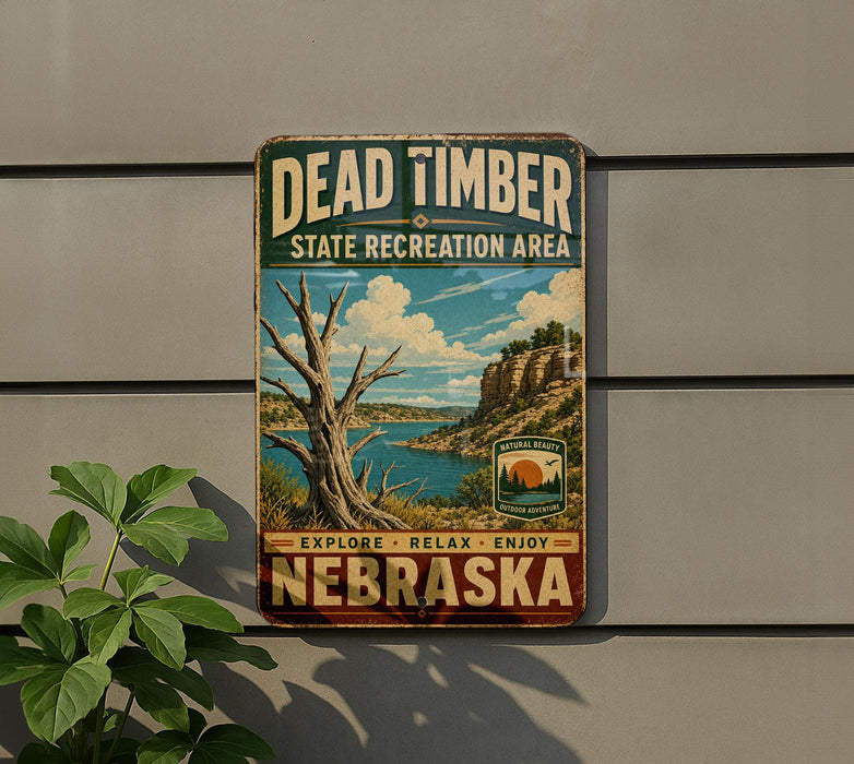A vintage-style metal sign for Dead Timber State Recreation Area in Nebraska, featuring a scenic landscape with a river and mountains.