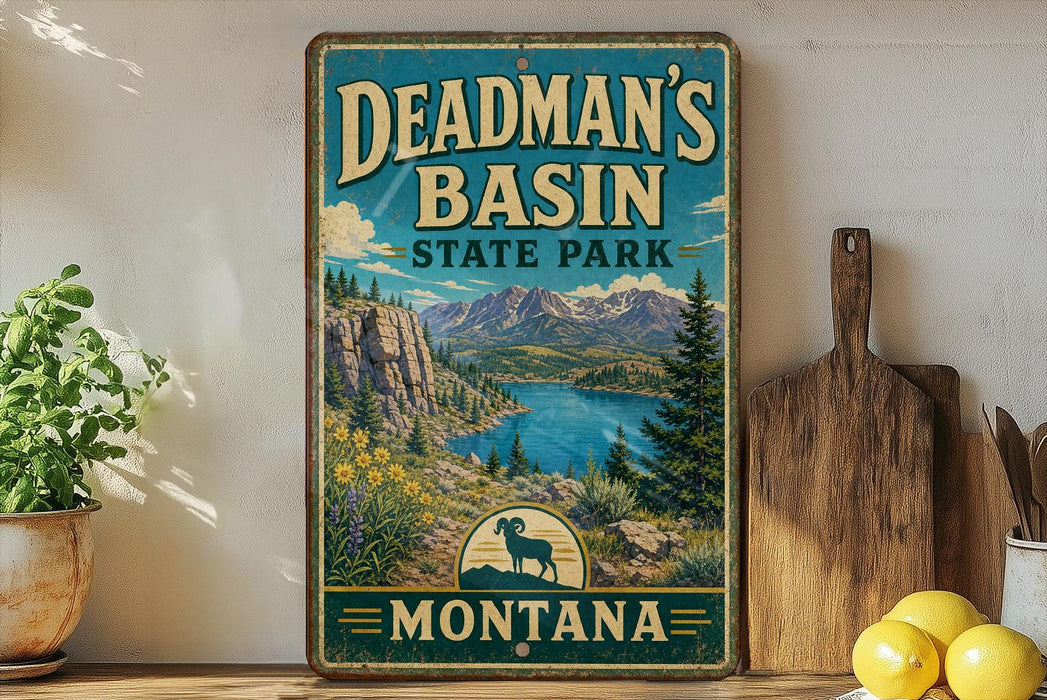 A vintage-style sign for Deadman's Basin State Park in Montana, featuring a scenic landscape with mountains, a lake, and a goat.