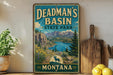 A vintage-style sign for Deadman's Basin State Park in Montana, featuring a scenic landscape with mountains, a lake, and a goat.