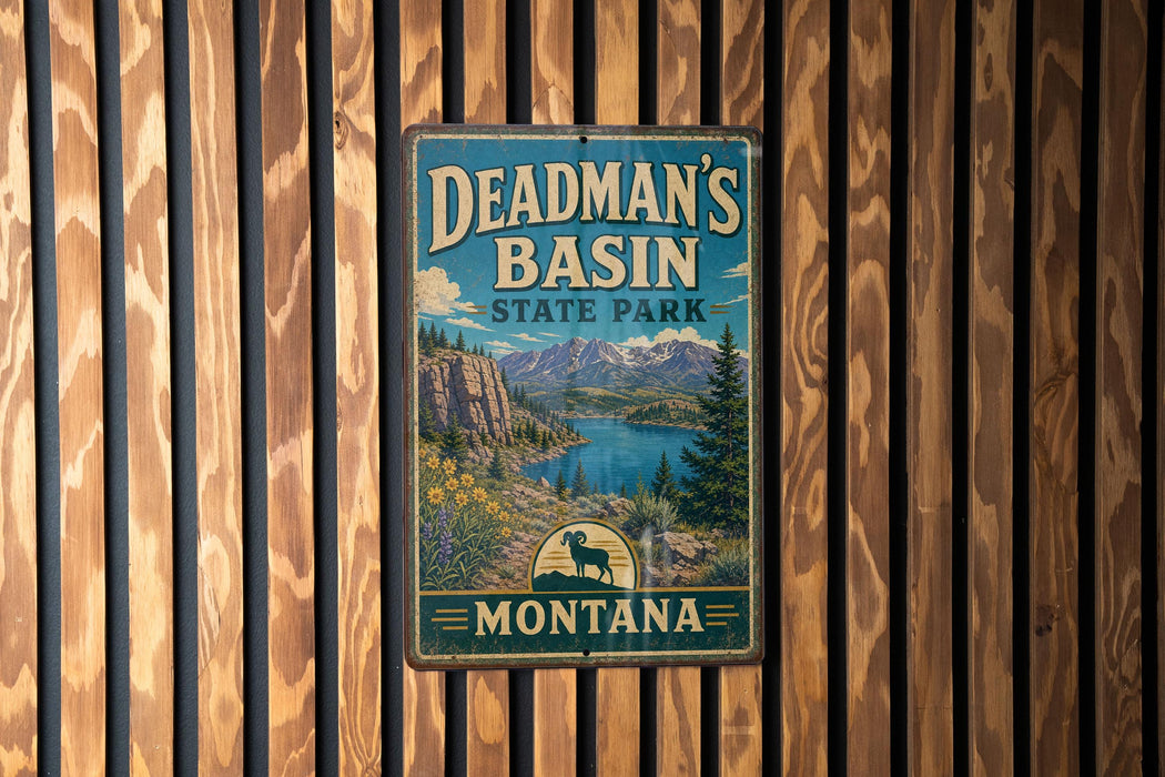 A vintage metal sign for Deadman's Basin State Park in Montana, featuring a scenic landscape with mountains, a lake, and a buffalo.