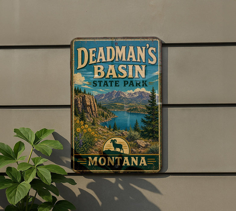 A vintage metal sign for Deadman's Basin State Park in Montana, featuring a scenic landscape with mountains, a lake, and a pine tree.
