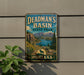 A vintage metal sign for Deadman's Basin State Park in Montana, featuring a scenic landscape with mountains, a lake, and a pine tree.