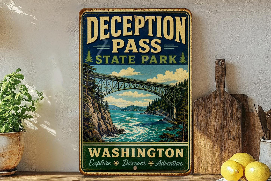 A vintage-style metal sign for Deception Pass State Park in Washington, featuring a scenic illustration of a bridge over a river surrounded by mountains and pine trees.