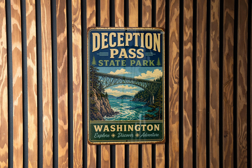 A vintage metal sign for Deception Pass State Park in Washington, featuring a scenic illustration of a bridge over a river.