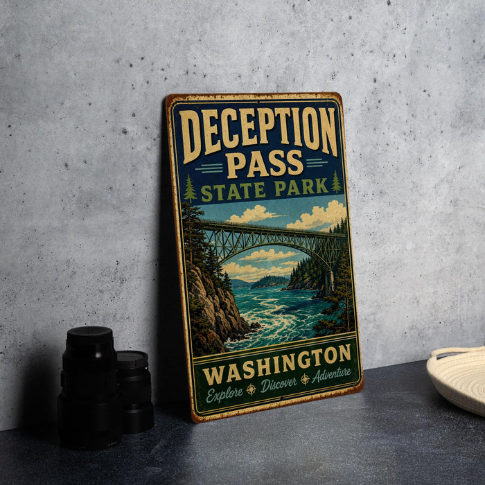 A vintage-style metal sign for Deception Pass State Park in Washington, featuring a scenic illustration of a bridge over a river surrounded by mountains.