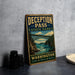 A vintage-style metal sign for Deception Pass State Park in Washington, featuring a scenic illustration of a bridge over a river surrounded by mountains.