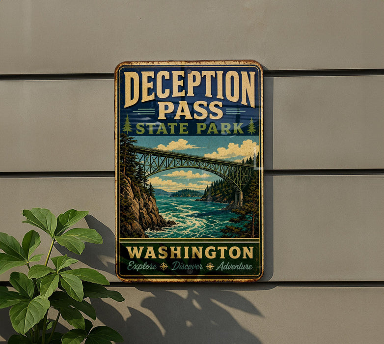 A vintage-style metal sign for Deception Pass State Park in Washington, featuring a scenic illustration of a bridge over a river surrounded by mountains.