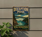 A vintage-style metal sign for Deception Pass State Park in Washington, featuring a scenic illustration of a bridge over a river surrounded by mountains.