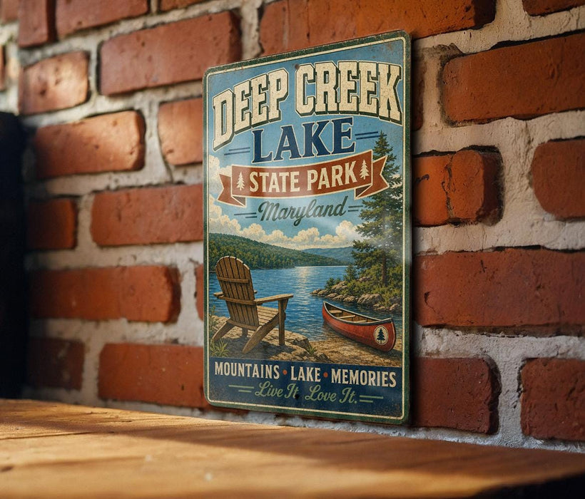 A vintage-style metal sign for Deep Creek Lake, a state park in Maryland, featuring a scenic illustration of a lake, mountains, and a canoe.