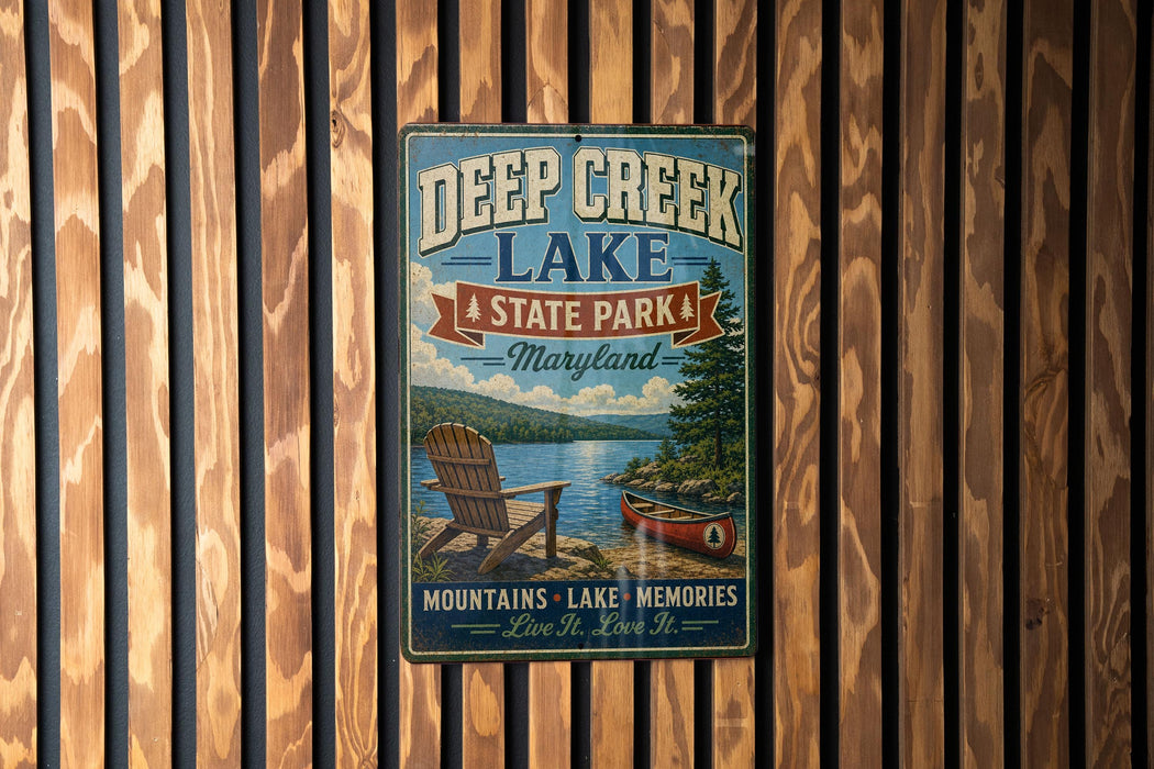 A vintage metal sign for Deep Creek Lake State Park in Maryland, featuring a scenic image of a lake, mountains, and a canoe.