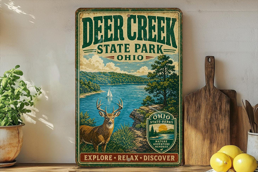 A vintage-style metal sign for Deer Creek State Park in Ohio, featuring a scenic illustration of a deer in a wooded area with a lake and mountains in the background.