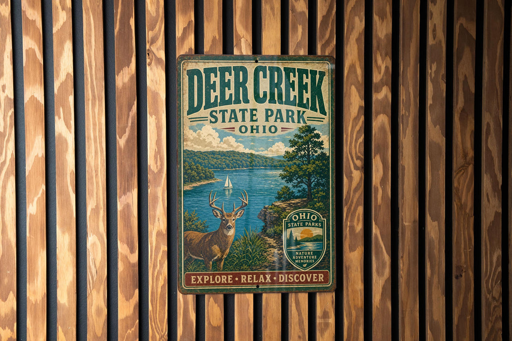 A vintage metal sign for Deer Creek State Park in Ohio, featuring an illustration of a deer and a lake surrounded by trees.