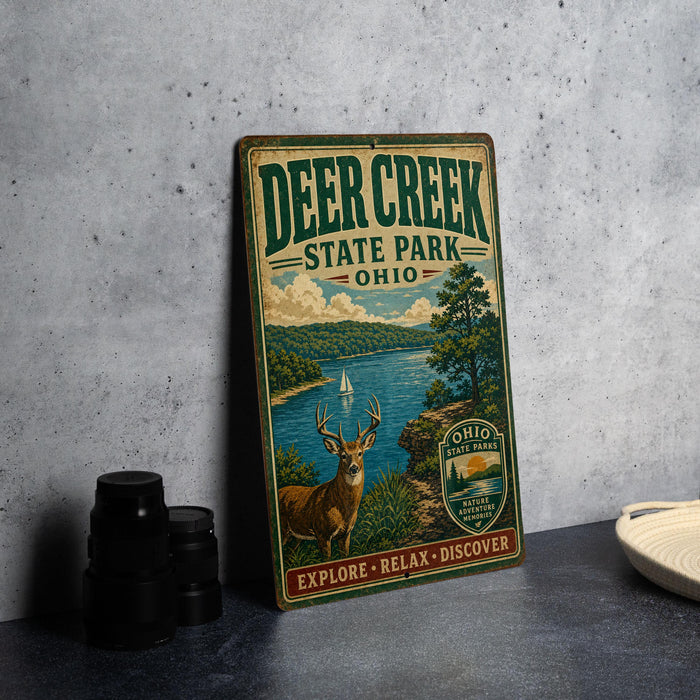 A vintage metal sign for Deer Creek State Park in Ohio, featuring an illustration of a deer, a lake, and a sailboat.