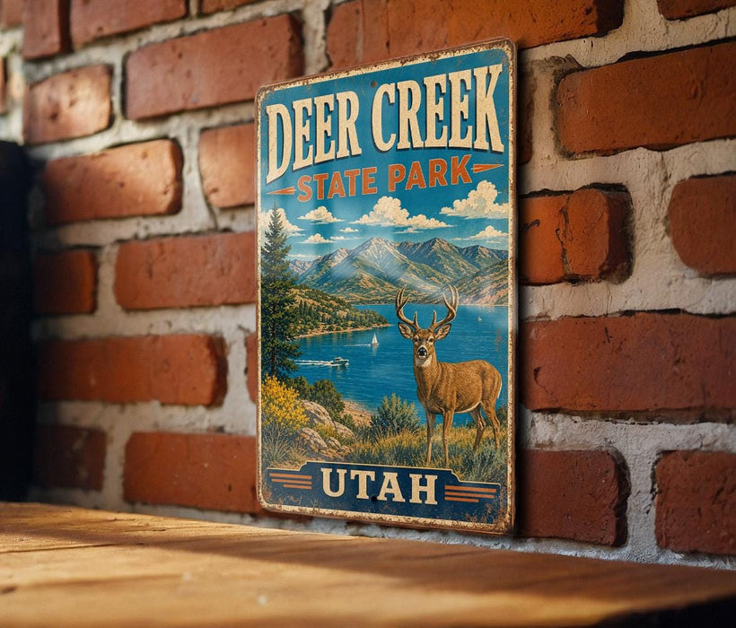 A vintage metal sign for Deer Creek State Park in Utah, featuring a deer standing in a scenic landscape with mountains, water, and trees.