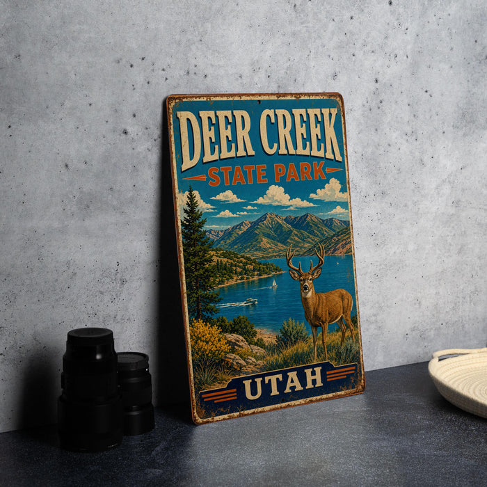 A vintage metal sign for Deer Creek State Park in Utah, featuring a scenic landscape with mountains, a lake, and a deer.
