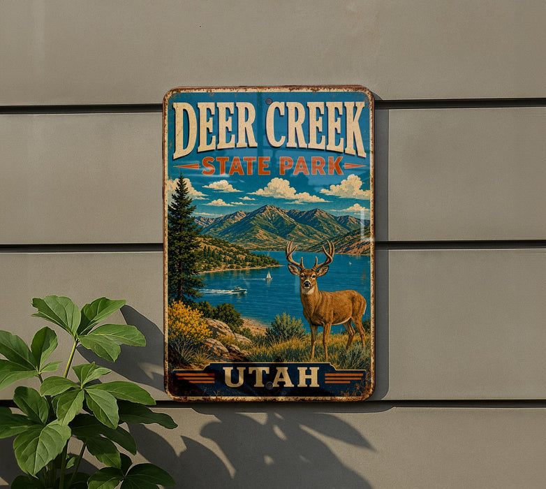 A vintage-style metal sign for Deer Creek State Park in Utah, featuring a deer standing in a scenic landscape with mountains, water, and a blue sky.