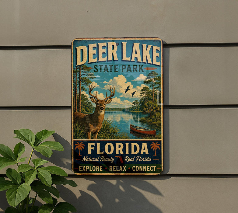 A vintage-style metal sign for Deer Lake State Park in Florida, featuring a deer in a natural setting with a lake and palm trees.