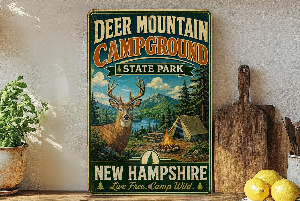 A vintage-style sign for Deer Mountain Campground in New Hampshire, featuring a deer in a forest setting with a campfire and tents.