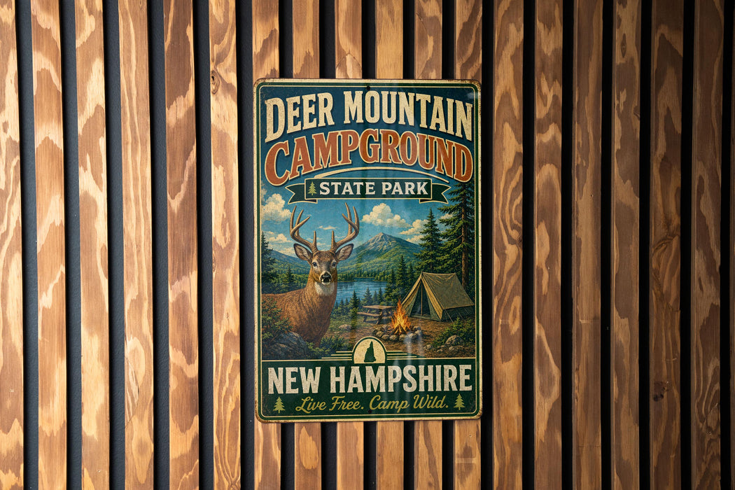 A metal sign for Deer Mountain Campground in New Hampshire, featuring a deer and camping tents in a scenic outdoor setting.