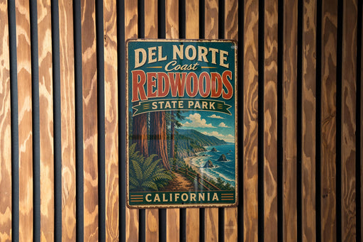 A vintage metal sign for Del Norte Coast Redwoods State Park in California, featuring a scenic illustration of the park's landscape.
