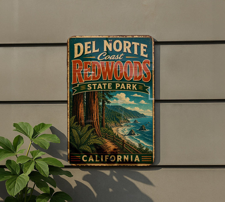 A vintage metal sign for Del Norte Coast Redwoods State Park in California, featuring a scenic illustration of the park's landscape.