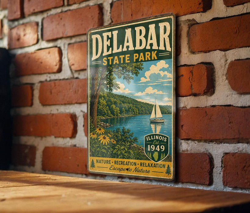 A vintage-style metal sign for Delabar State Park, featuring a scenic landscape with a lake, sailboat, and lush greenery.