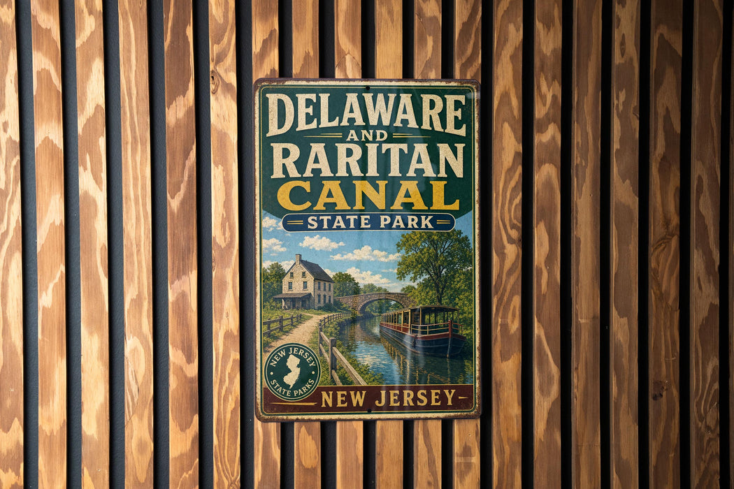 A vintage metal sign for Delaware and Raritan Canal State Park, featuring a scenic illustration of a canal with a house and boat.