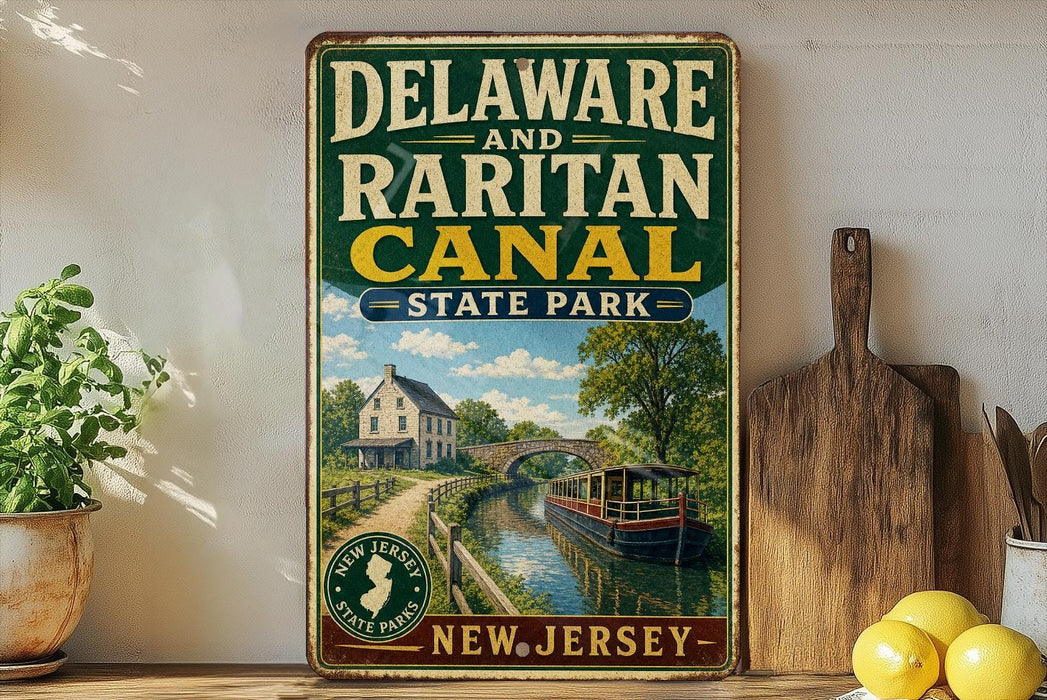 A vintage-style sign for Delaware and Raritan Canal State Park, featuring a scenic illustration of a canal with a houseboat and bridge.