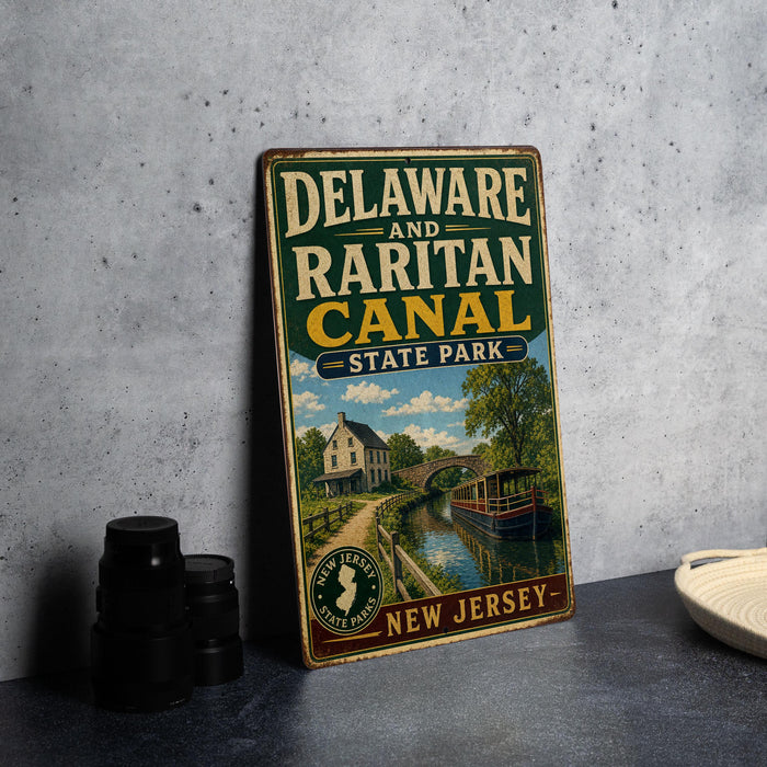 A vintage metal sign for Delaware and Raitan Canal State Park, featuring an illustration of a canal and a house, is displayed on a gray countertop next to a stack of black camera lenses.
