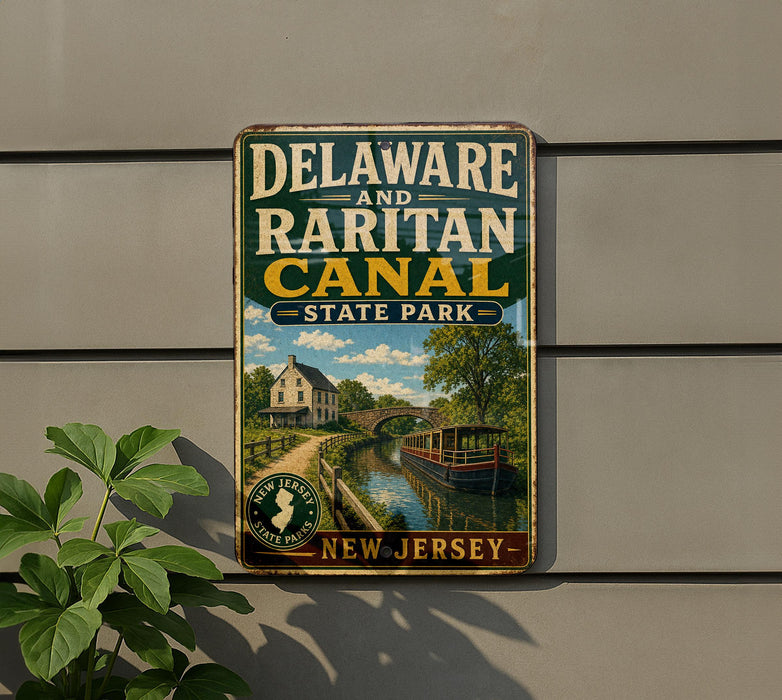 A vintage metal sign for Delaware and Raritan Canal State Park, featuring a scenic image of a canal and a house.