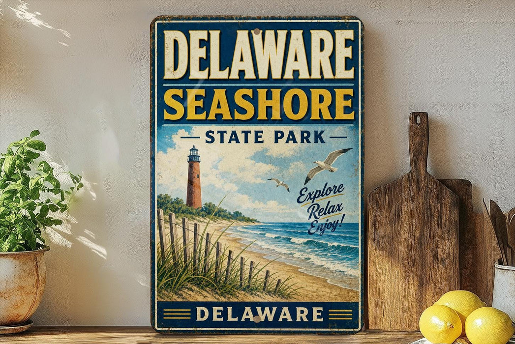 A vintage metal sign for Delaware Shore State Park, featuring a lighthouse and beach scene, is displayed on a shelf next to a wooden cutting board and a potted plant.