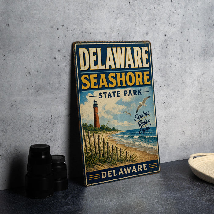 A vintage metal sign for Delaware Shore State Park, featuring a lighthouse and beach scene, is displayed on a countertop next to some black camera lenses.