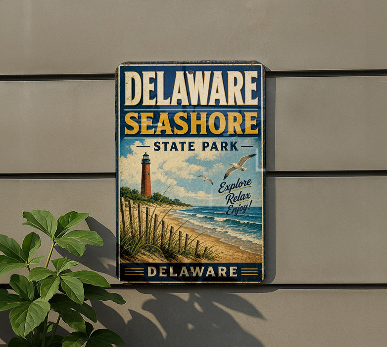 A vintage metal sign for Delaware Shore State Park, featuring a lighthouse and beach scene, is displayed on a wall next to a plant.