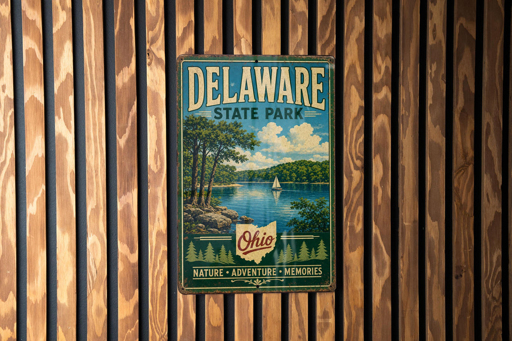 A vintage metal sign for Delaware State Park, featuring a scenic landscape with a lake, trees, and a sailboat.