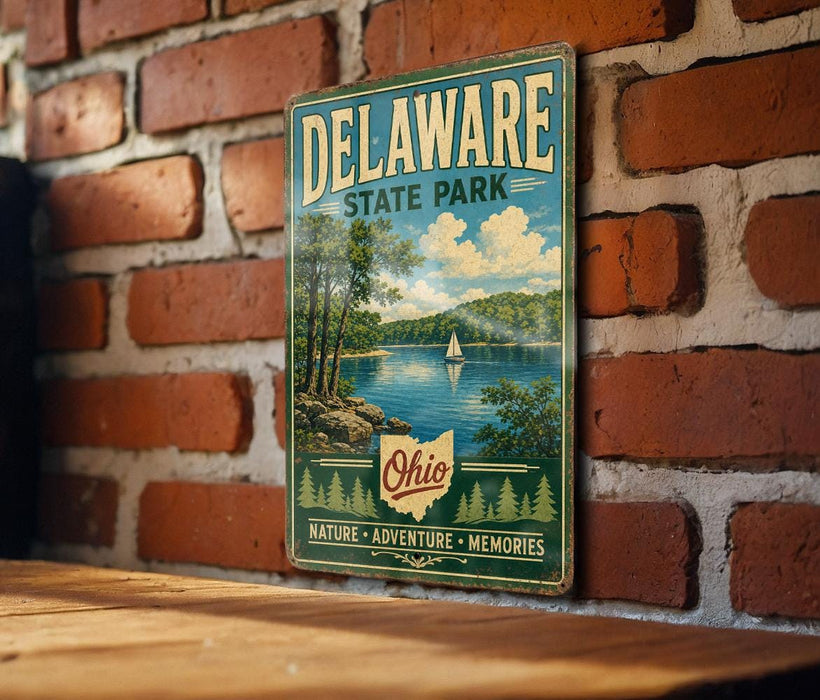 A vintage metal sign for Delaware State Park hangs on a brick wall, featuring a scenic landscape with a lake, trees, and a sailboat.