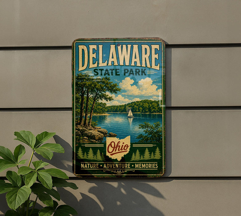 A vintage metal sign for Delaware State Park, featuring a scenic landscape with a lake, trees, and a sailboat.