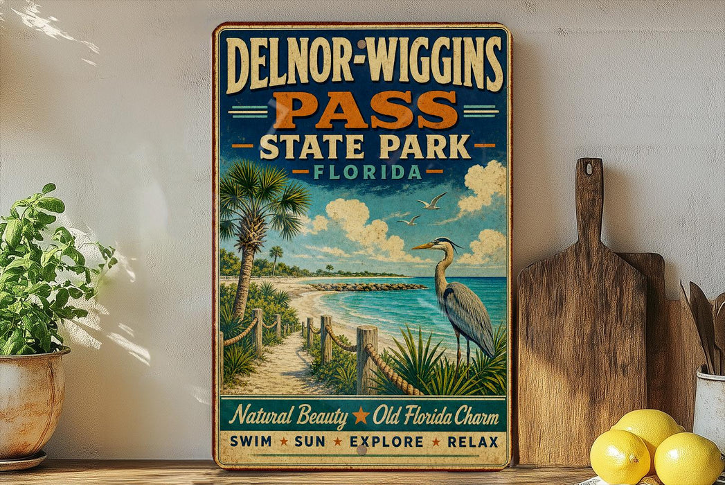 A vintage-style sign for Delnor-Wiggs Pass State Park in Florida, featuring a beach scene with palm trees, a heron, and a wooden walkway leading to the beach.