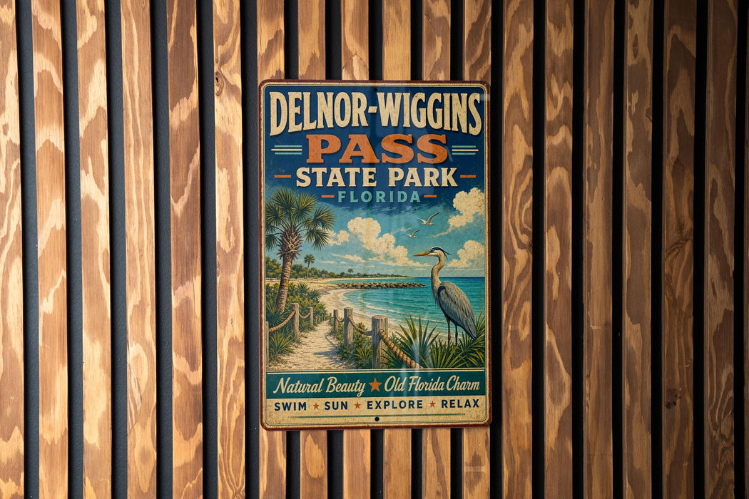 A vintage metal sign for Delnor-Wiggs Pass State Park in Florida, featuring a beach scene with palm trees and a bird.