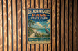 A vintage metal sign for Delnor-Wiggs Pass State Park in Florida, featuring a beach scene with palm trees and a bird.