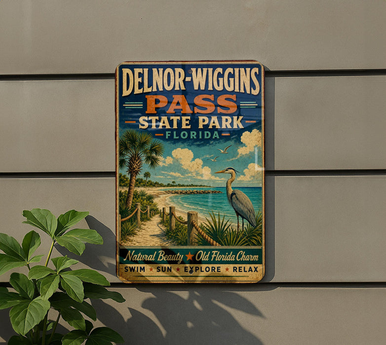 A vintage-style sign for Delnor-Wiggs Pass State Park in Florida, featuring a beach scene with palm trees, a bird, and a path leading to the park.