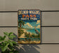 A vintage-style sign for Delnor-Wiggs Pass State Park in Florida, featuring a beach scene with palm trees, a bird, and a path leading to the park.