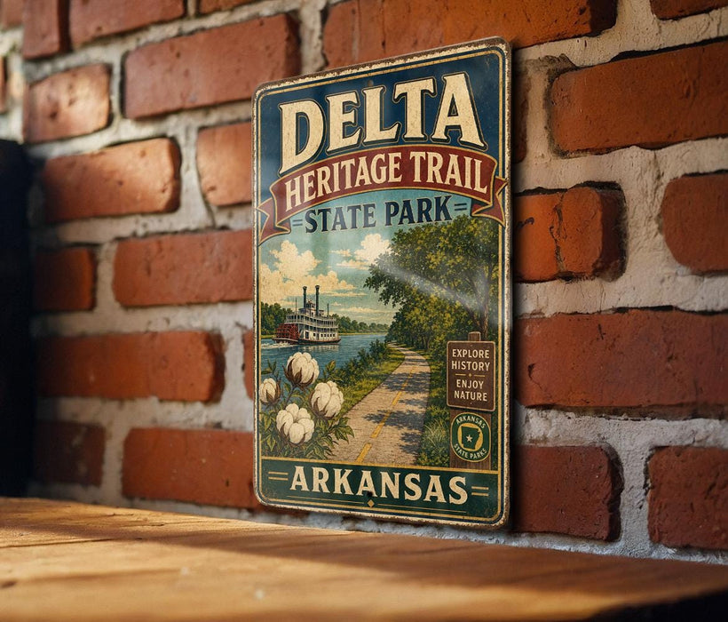 A vintage-style metal sign for Delta Heritage Trail in Arkansas, featuring a scenic illustration of a river, cotton fields, and a steamboat.