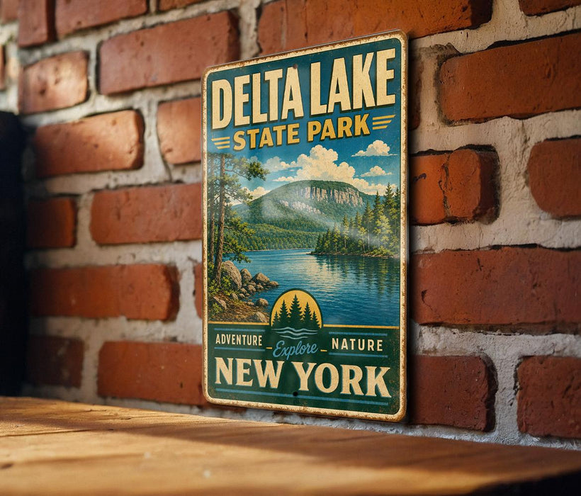 A vintage metal sign for Delta Lake State Park, featuring a scenic landscape with a lake, mountains, and pine trees.
