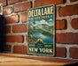 A vintage metal sign for Delta Lake State Park, featuring a scenic landscape with a lake, mountains, and pine trees.