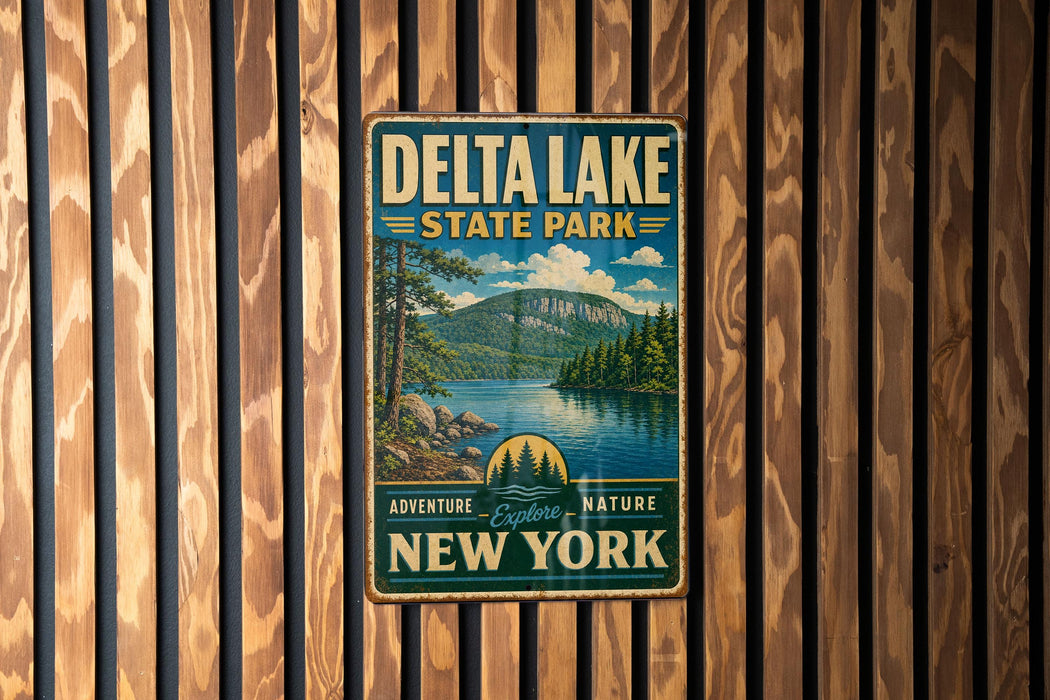 A vintage metal sign for Delta Lake State Park, featuring a scenic landscape with a lake, mountains, and pine trees.