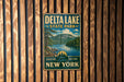 A vintage metal sign for Delta Lake State Park, featuring a scenic landscape with a lake, mountains, and pine trees.