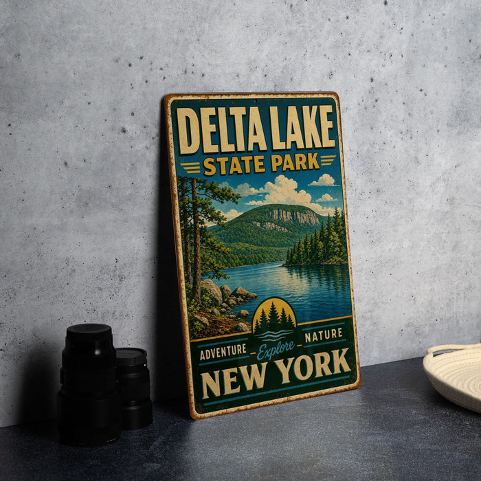 A vintage-style metal sign for Delta Lake State Park, featuring a scenic landscape with a lake, mountains, and pine trees.