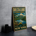A vintage-style metal sign for Delta Lake State Park, featuring a scenic landscape with a lake, mountains, and pine trees.